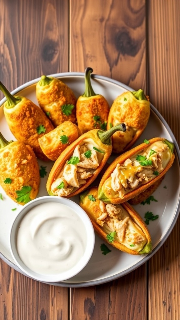 Air Fryer Chicken Jalapeño Poppers Recipe Golden-brown air fryer chicken jalapeño poppers on a plate, garnished with cilantro and ranch sauce.